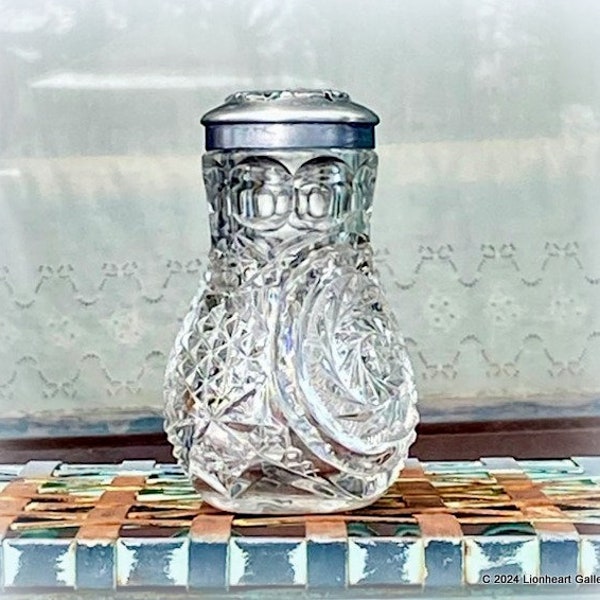 Antique ABC Crystal Powder Shaker Dresser Vanity Glass Jar With Repousse Silvertone Shaker Top