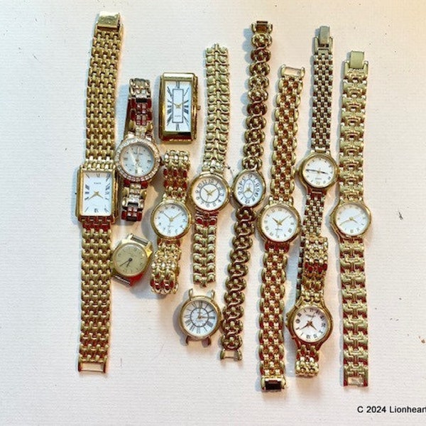 Vintage Lot of Goldtone Wristwatches One Dozen 12 Analog Quartz Watches With Gold Link Straps To Repurpose For Art Craft Supply Or Repair