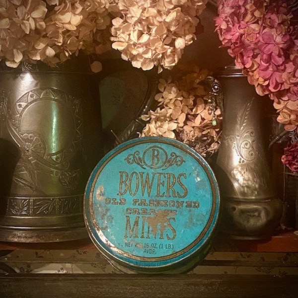 Vintage Bowers Mints Candy Tin 1950s Collectible Advert Confection Box Rusty Cottage Chic