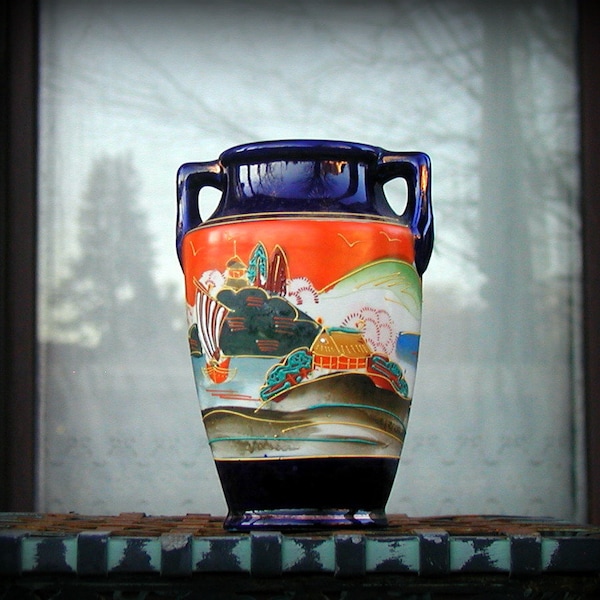 Japanese Moriage Urn Vase Hand Painted Vessel With Boat and Landscape Scene