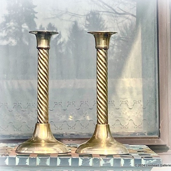 Vintage Pair of Swirled Brass Candlestick Holders 1970s Handmade 8 Inch Candleholders Made In India by IS