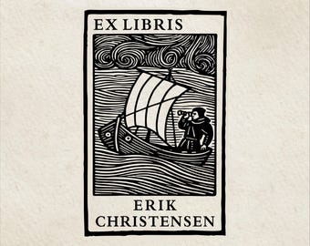 Sello Ex Libris personalizado "Mar Abierto", placa de libro hecha a mano, sello de biblioteca personalizado de madera o autoentintable