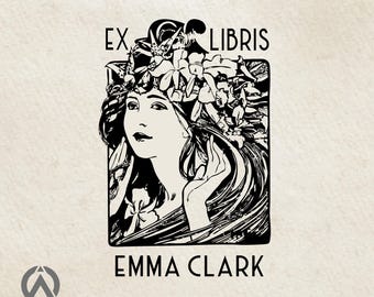 Ex-librisstempel Cocorico Alphonse Mucha, gepersonaliseerde bladwijzerstempel aangepaste naam bibliotheekstempel, cadeau voor boekenliefhebbers, handgemaakte boekstempel