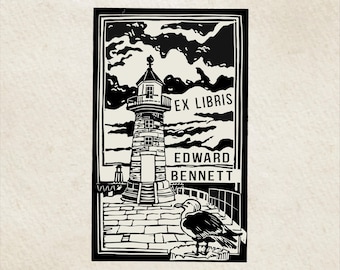 Stormwatch Lighthouse Personalized Ex Libris Stamp, Handmade Bookplate, Custom Wooden or Self-Inking Library Seal