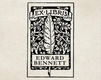 Sello Ex Libris personalizado con pluma literaria, ex libris hecho a mano, sello de biblioteca personalizado de madera o autoentintable