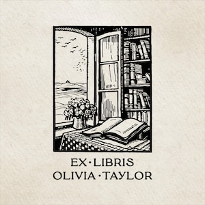 Studieren am Fenster Personalisierter Ex Libris Stempel, handgemachtes Ex Libris Siegel, individuelles Bibliothekssiegel aus Holz oder selbstfärbendes Buchzeichen