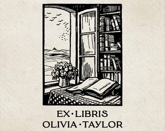 Sello Ex Libris personalizado "Estudio junto a la ventana", ex libris hecho a mano, sello de biblioteca personalizado de madera o autoentintable