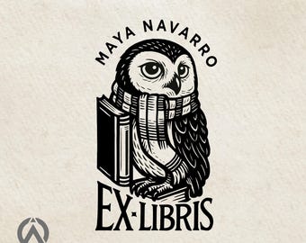 Wise Owl Ex Libris Stamp, Personalized Bookplate Stamp, Custom Name Library Stamp, Unique Gift for Book Lovers, Handmade BookStamp