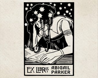 Sello Ex Libris personalizado "Starnight Dreaming", placa de libro hecha a mano, sello de biblioteca personalizado de madera o autoentintable