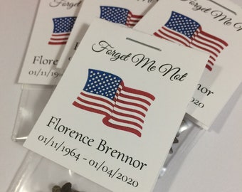 American Flag - Patriotic Funeral Bereavement Favor, Forget Me Not Tent Topper Seed Packet Favors, Celebrate Life, Living Memorials