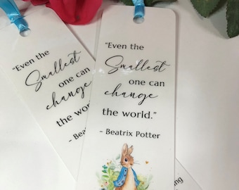 Printed Peter Rabbit Bookmark Favors for Baby Shower Book Theme, Personalized Custom Laminated Book Mark with Ribbon