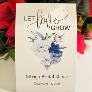 Dusty Blue Floral Watercolor Bridal Shower Seed Packets Personalized Shower Favors, Wildflower Seeds Included