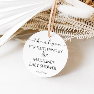Favor Gift Tag Thank You for Fluttering By Butterfly Baby Shower, Gift Labels, Bridal Shower Birthday, Three Sizes to Choose