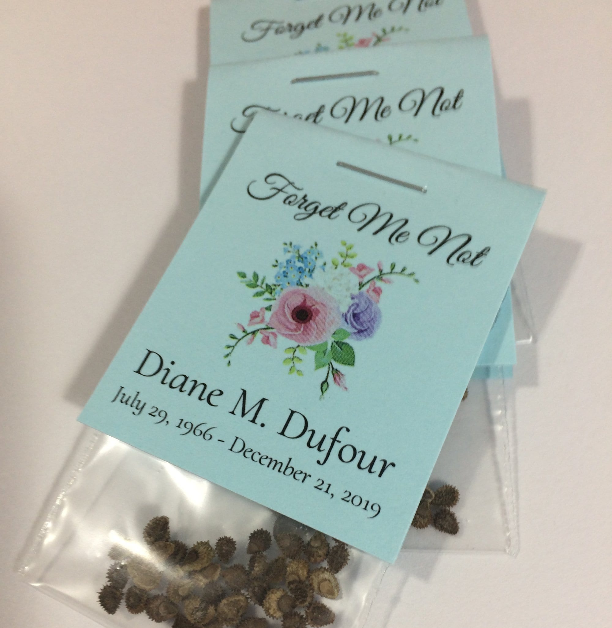 pouches or seed packet favors bereavement forget me not SET OF 10 church in memory of memorial service reception sachets Funeral service