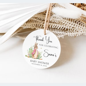 Peter Rabbit Theme Favor Tag Label, Flopsy Bunny Baby Shower, 1.75" Round Printed Thank You Gift Tag