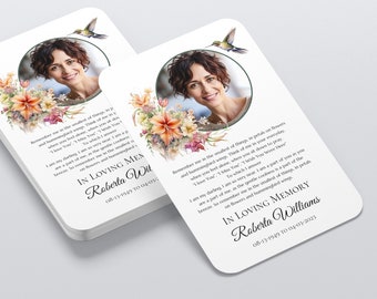 Tarjeta de oración conmemorativa personalizada con foto, regalo funerario de colibrí