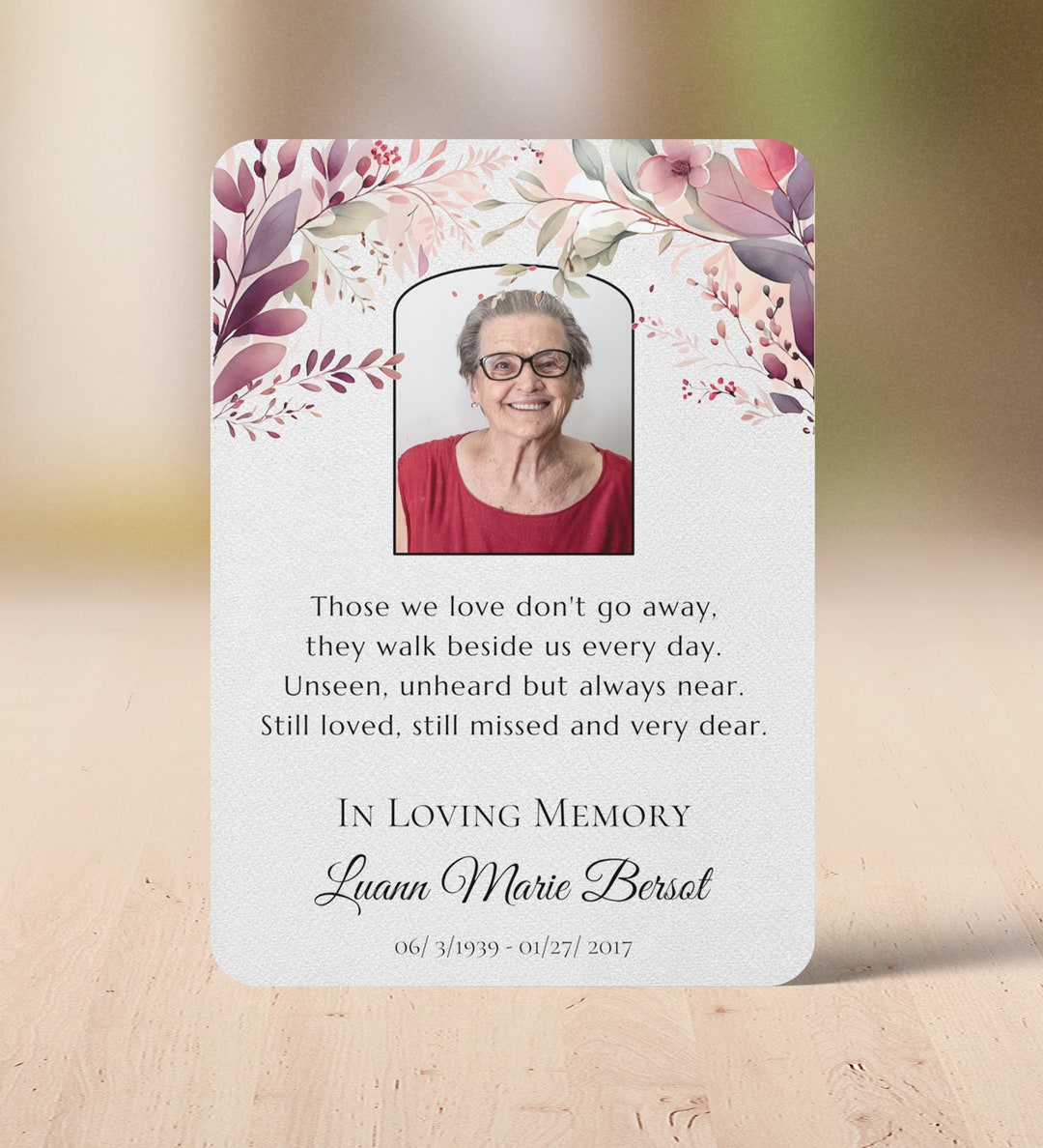 Custom Funeral Prayer Card With Photo, Burgundy Greenery Leaves