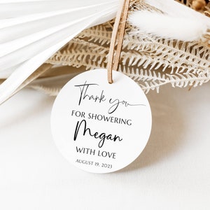 Favor Gift Labels, Thank You For Showering with Love Minimalist Tags for Bridal or Baby Shower, Swag Bags