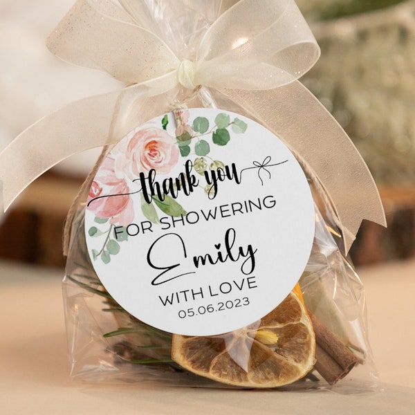 Bridal Shower Favor Tags, Rose & Gold Greenery, Thank You For Showering With Love, Cute Labels for Thank You Gifts