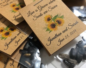 Personalized Sunflower Sachet Size, Love is Grown Where Seeds are Sown RUSTIC Wedding Bridal Baby Birthday Party Favors Kraft or White