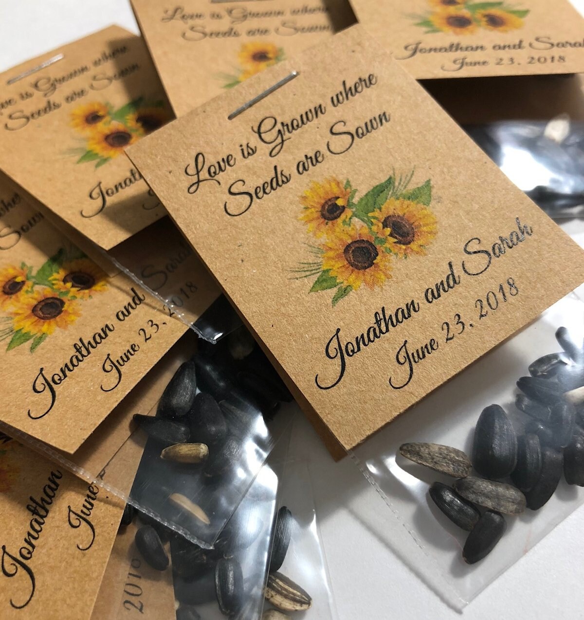 Personalized Sunflower Sachet Size, Love is Grown Where Seeds are Sown RUSTIC Wedding Bridal Baby Birthday Party Favors Kraft or White