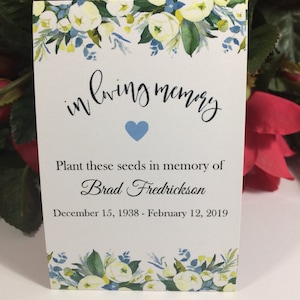 Blue Floral Forget Me Not Funeral Favors Personalized Memorial Seed Packets, Loving Memory, Seeds Included, Sympathy, Celebration of Life