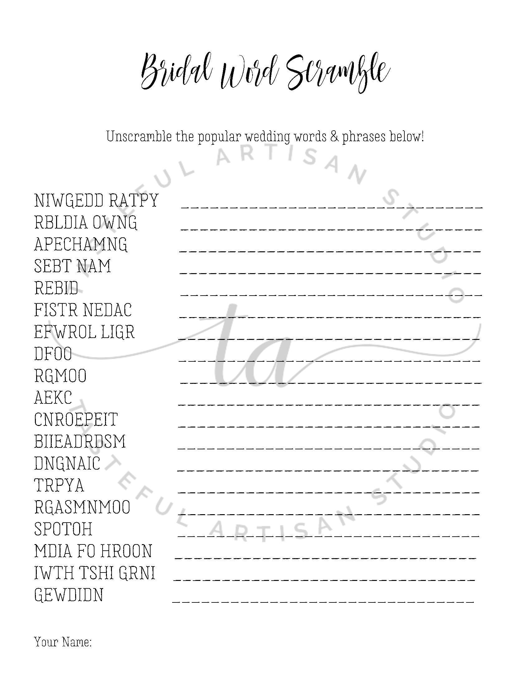 Wedding Word Scramble Bridal Shower Game DIY Printable With - Etsy Canada