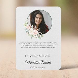 Memorial Gift Prayer Card with Personalized Photo, Greenery, Poem, Custom Sympathy Celebration of Life Gift