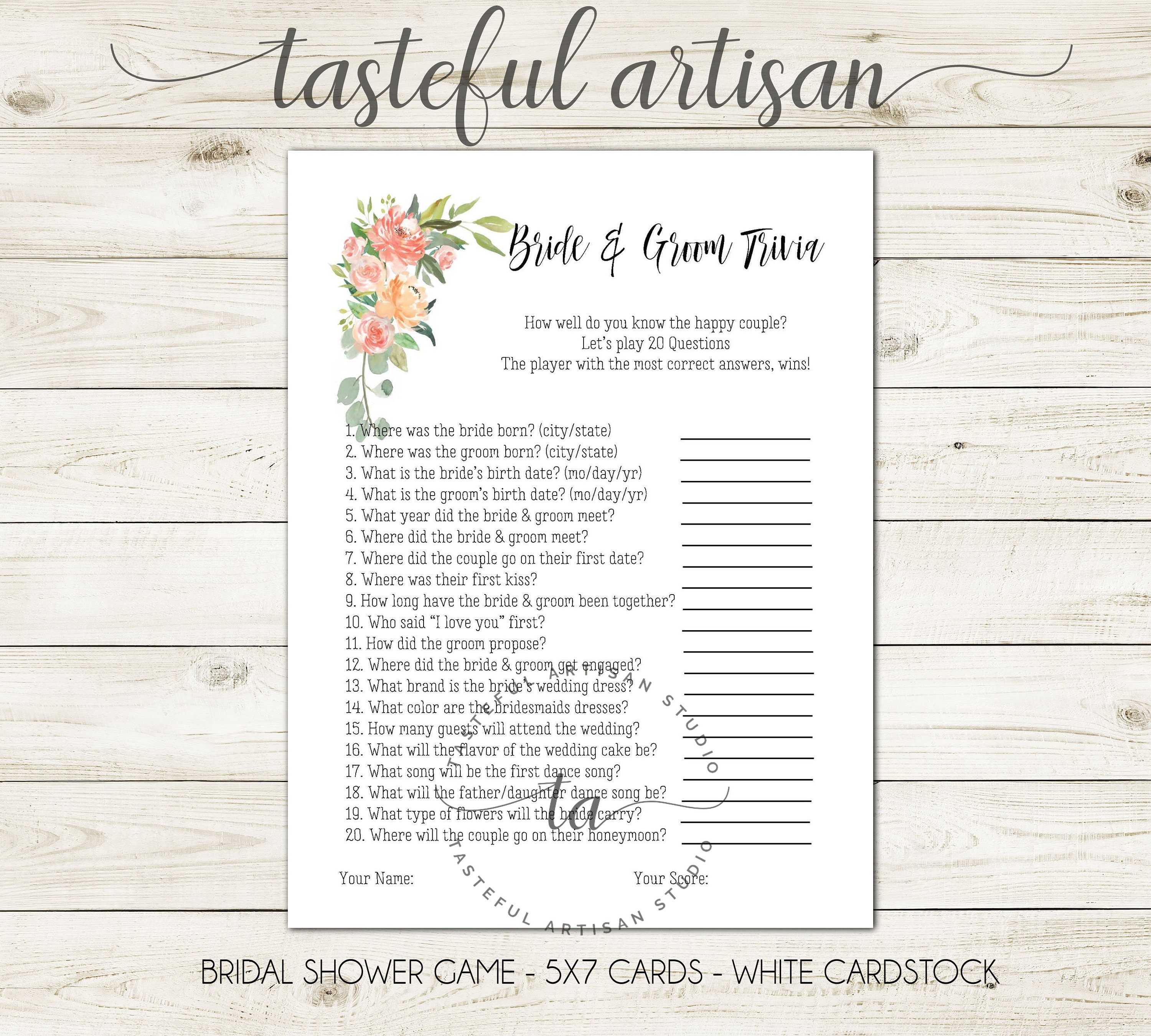 Bridal Shower Game Bride Groom Trivia 20 Questions Blush Etsy