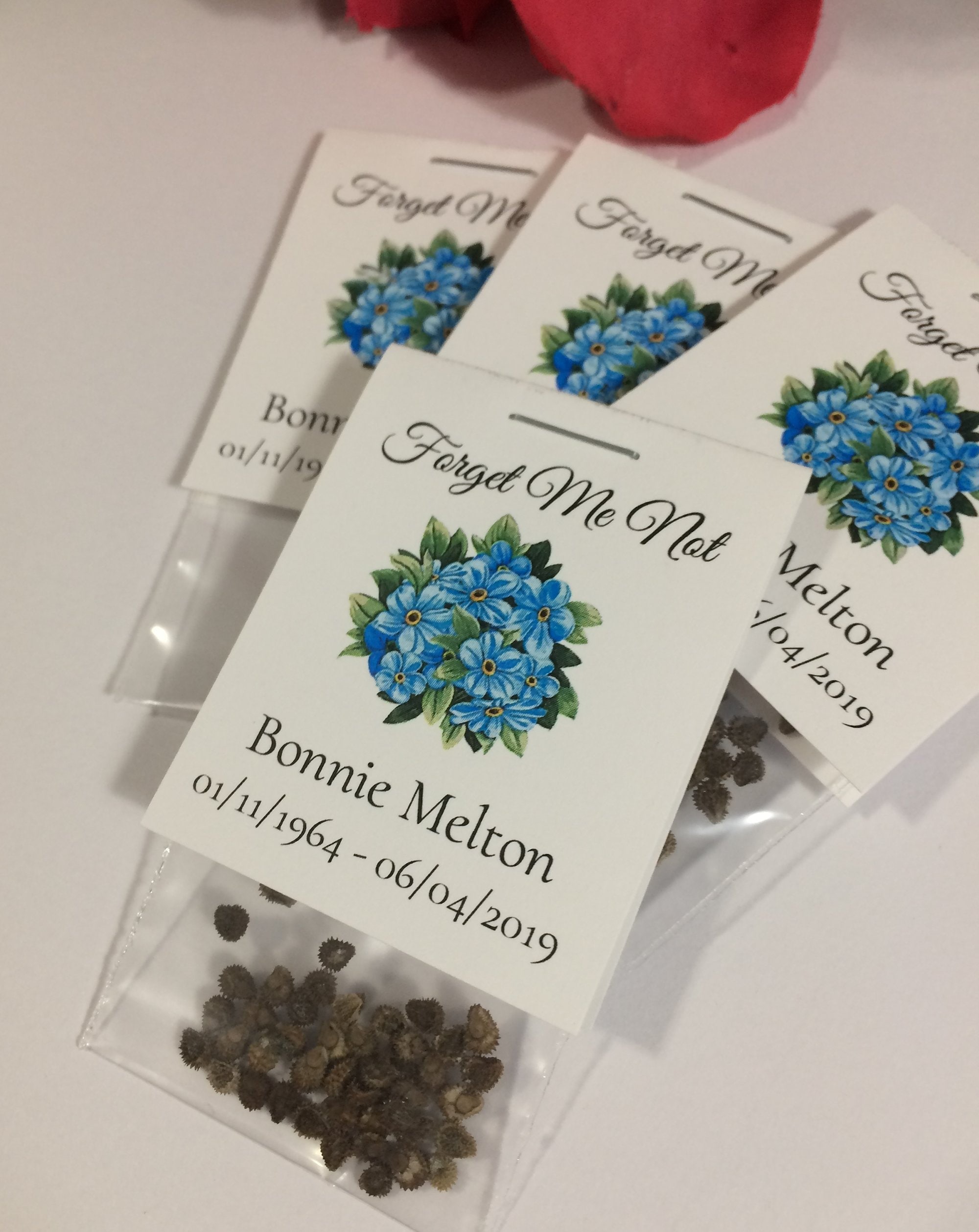 pouches or seed packet favors bereavement forget me not SET OF 10 church in memory of memorial service reception sachets Funeral service