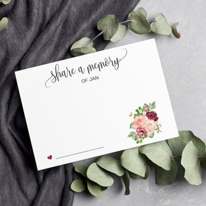 PRINTED Marsala Floral Personalized Share a Memory Cards, Celebration of Life, Loving Memories, Funeral