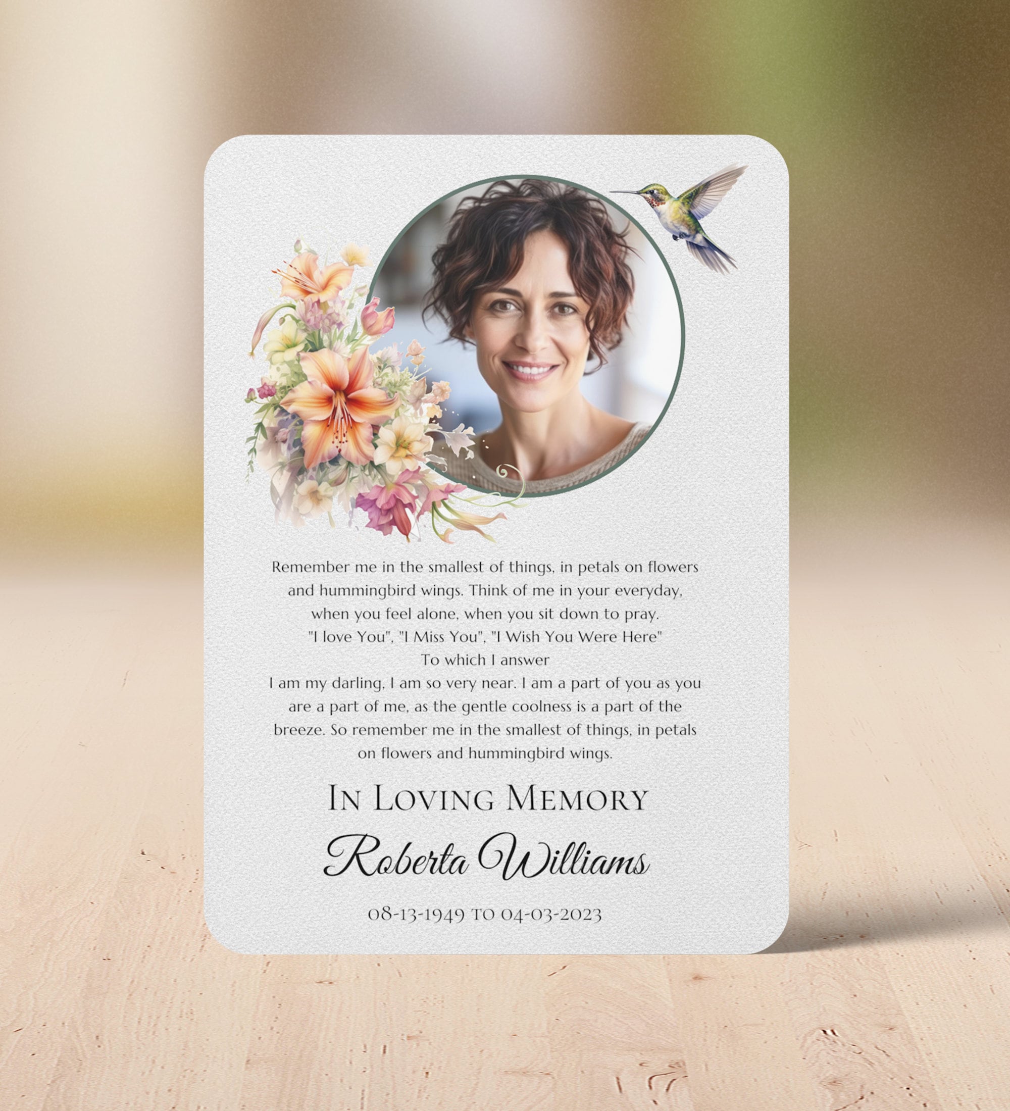 Sympathy Custom Funeral Prayer Card with Photo, Butterflies and Flowers,  Personalized Memorial Gift, Celebration of Life favors