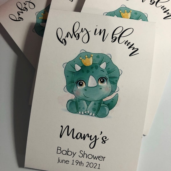 Baby Dinosaur  PRINTED Baby in Bloom Personalized Baby Shower Seed Packet Favors, Wildflower Seeds Included
