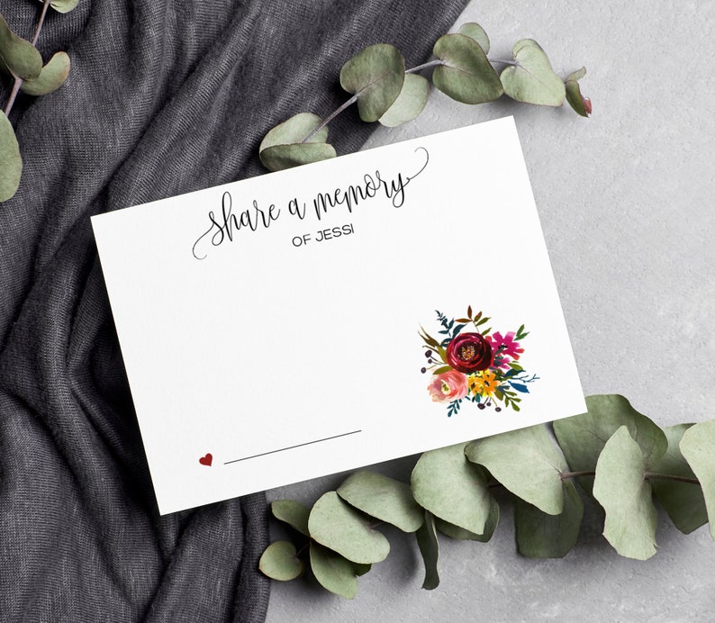 Bold Brandywine Bouquet PRINTED Share a Favorite Memory Celebration of Life Funeral Cards, Personalized Modern Guestbook image 1