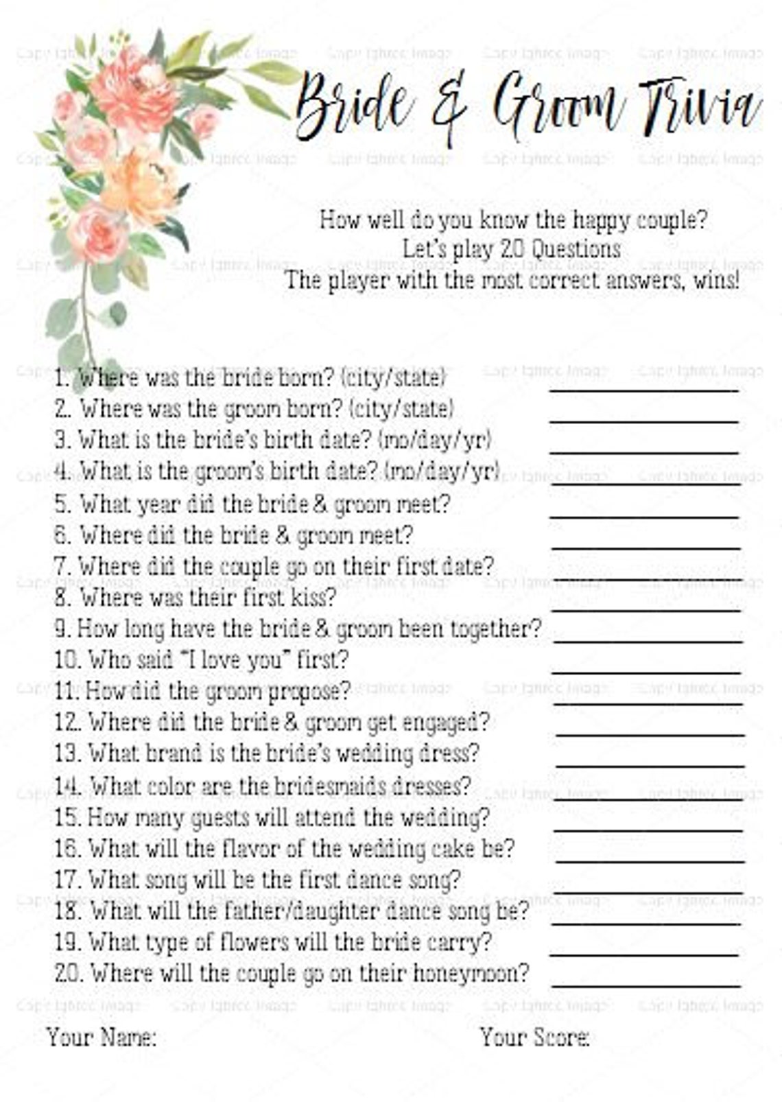 Bridal Shower Game Bride Groom Trivia 20 Questions Blush Etsy