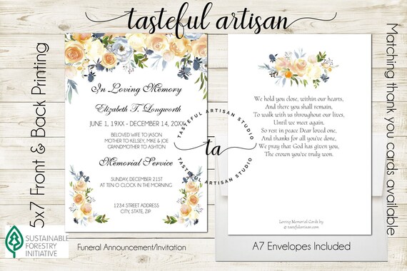 Funeral Invitation Celebration Of Life Announcement Custom Etsy