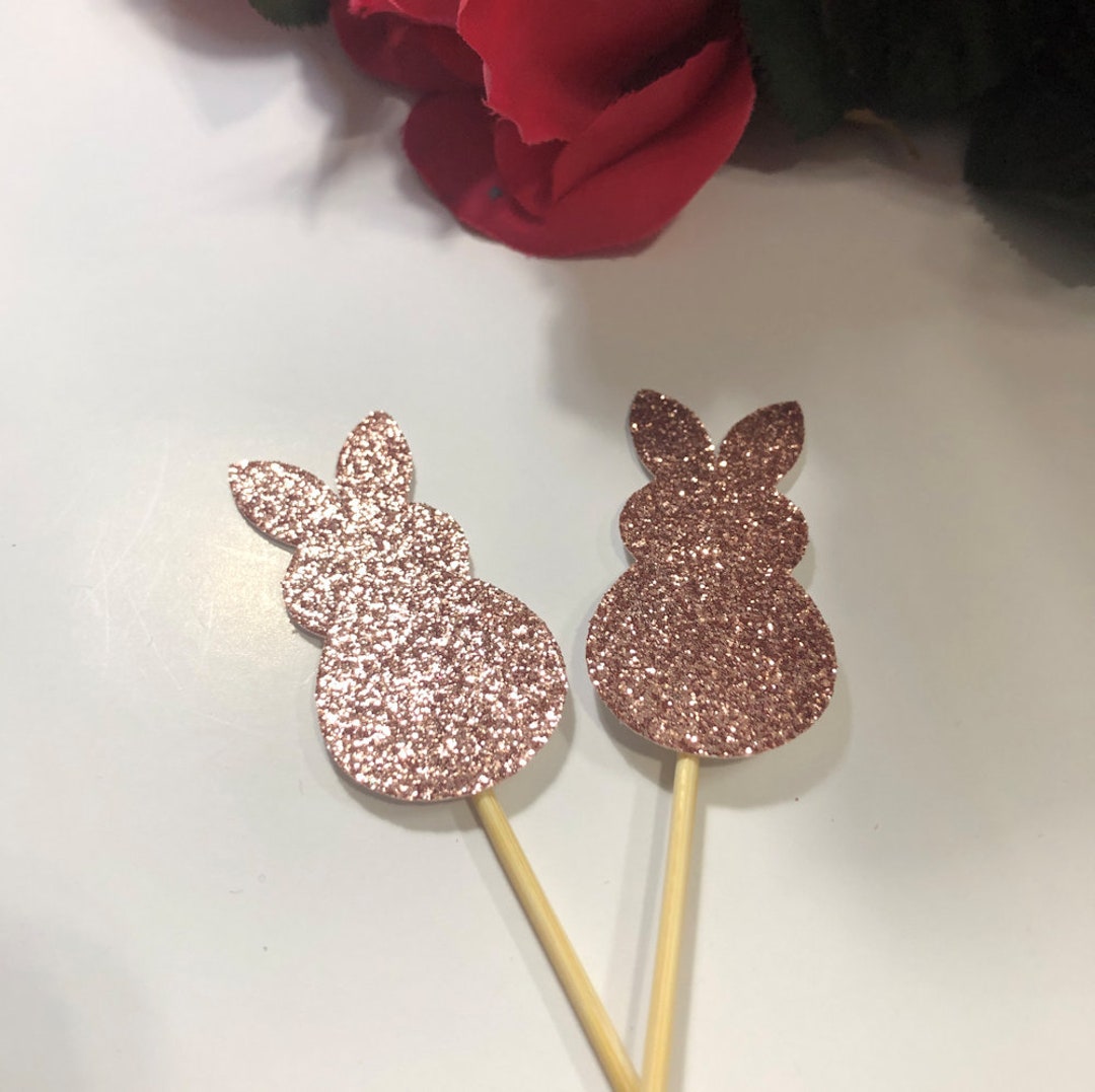 DOZEN Rose Gold Glitter Rabbit Shaped Small Cupcake Pick Toppers, Baby ...