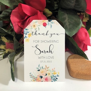 PRINTED  Thank You for Showering Peach Greenery Floral Large Favor Tags for baby bridal shower, swag goodie bags, party thank you gift