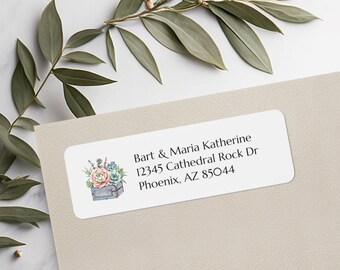 Return Address Personalized Labels, Succulent Planter Box, Standard Sized Self Stick Stickers, 45 Per Sheet, Personalized