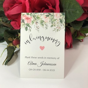 In Loving Memory Funeral Favors, Pink Floral Greenery Personalized Memorial Seed Packets, Bereavement Sympathy Gift, Celebration of Life