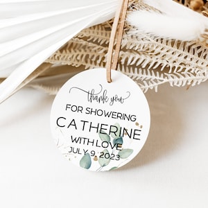 Thank You Labels Showering with Love Eucalyptus Gold Favor Tags for Baby Bridal Shower, Thank You Gifts