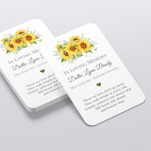 Carte de prière cadeau de sympathie commémoratif, tournesol, funérailles personnalisées Célébration des faveurs de la vie se souvenir d'un être cher