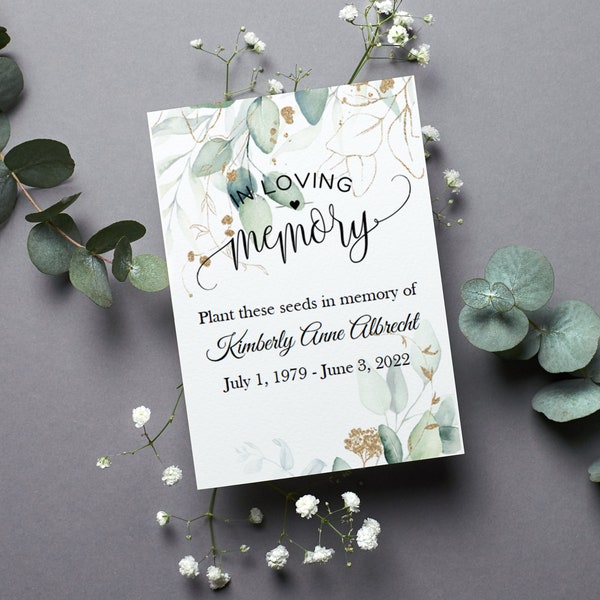 Eucalyptus Gold Forget Me Not Funeral Favors Personalized Memorial Seed Packets, In Loving Memory, Sympathy, Celebration of Life