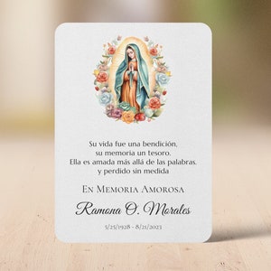Carte de prière cadeau de sympathie espagnole Notre-Dame de Guadalupe, célébration funéraire commémorative personnalisée des faveurs de la vie