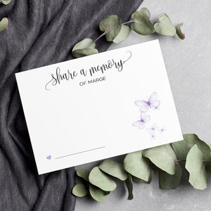 PRINTED Purple Butterfly Share a Memory Celebration of Life Funeral Cards Modern Guestbook Personalized Memorial Service