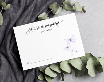 PRINTED Purple Butterfly Share a Memory Celebration of Life Funeral Cards Modern Guestbook Personalized Memorial Service