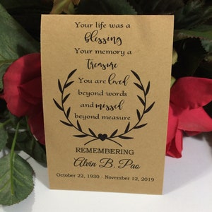 Laurel Wreath Rustic Forget Me Not Funeral Favors Personalized Memorial Seed Packets, Loving Memory, Memorial, Celebration of Life