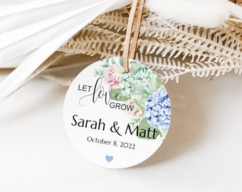 Hydrangea Wedding Favor Gift Tag Labels, Pink Blue & Green Flowers, Personalized Custom 1.75 Inches, Let Love Grow
