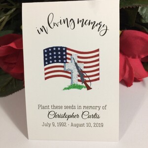 Forget Me Not Patriot Flag Rifle Cross Funeral Favors Personalized Memorial Seed Packets, Loving Memory, Seeds Included, Celebration of Life