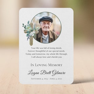 Carte de prière de sympathie avec photo, funérailles religieuses chrétiennes de croix d'eucalyptus, cadeau commémoratif personnalisé, célébration des faveurs de la vie